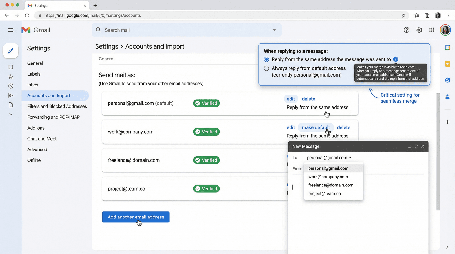 Gmail 'Send mail as' settings interface showing multiple email aliases configured for seamless multi-address replies